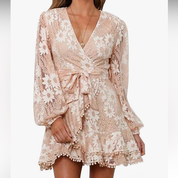 Halfisland Dresses & Skirts - Halfisland  Dress Deep V Neck Long Sleeve Waist Tie Ruffle Mini Swing 🫶🏼